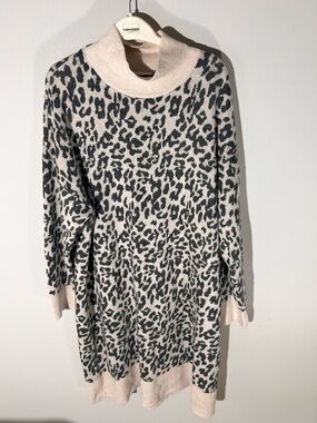 LOFT Cream & Black Leopard Cowl-Neck Sweater Dress